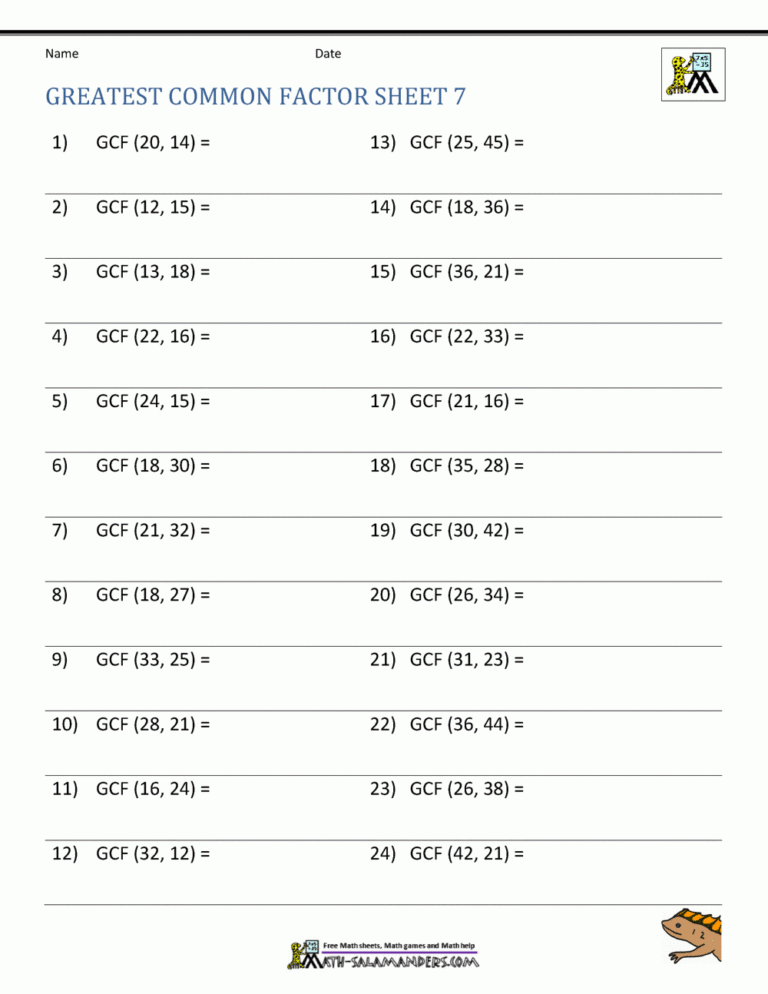 Greatest Common Factor Worksheet Page