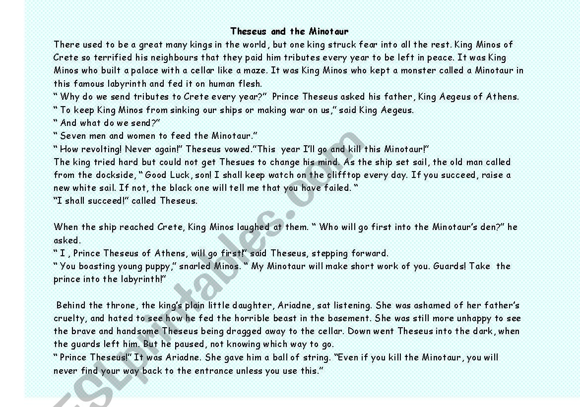 Greek Myth Reading Comprehension ESL Worksheet By Raziyarasheed