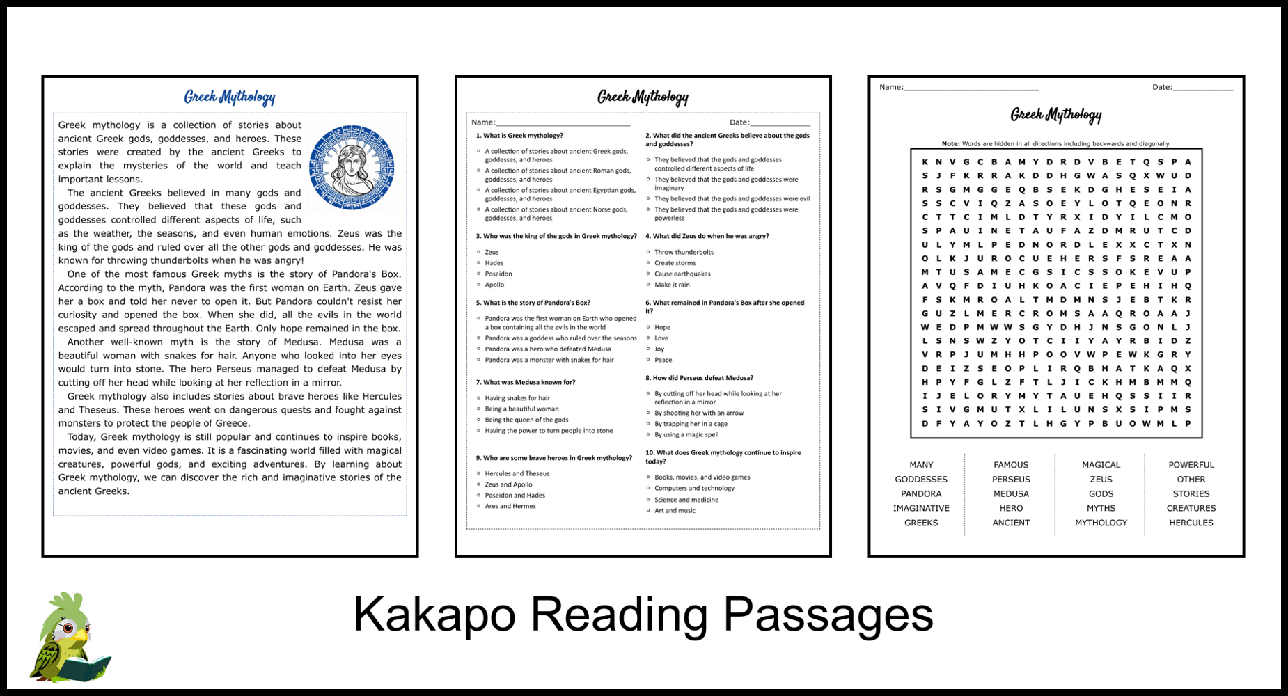 Greek Gods Reading Comprehension Worksheets
