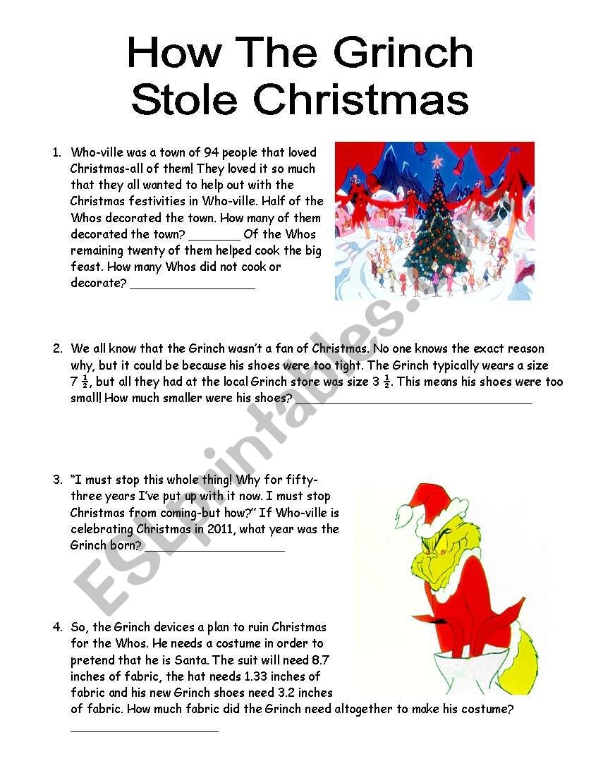 Free Printable Grinch Math Worksheets
