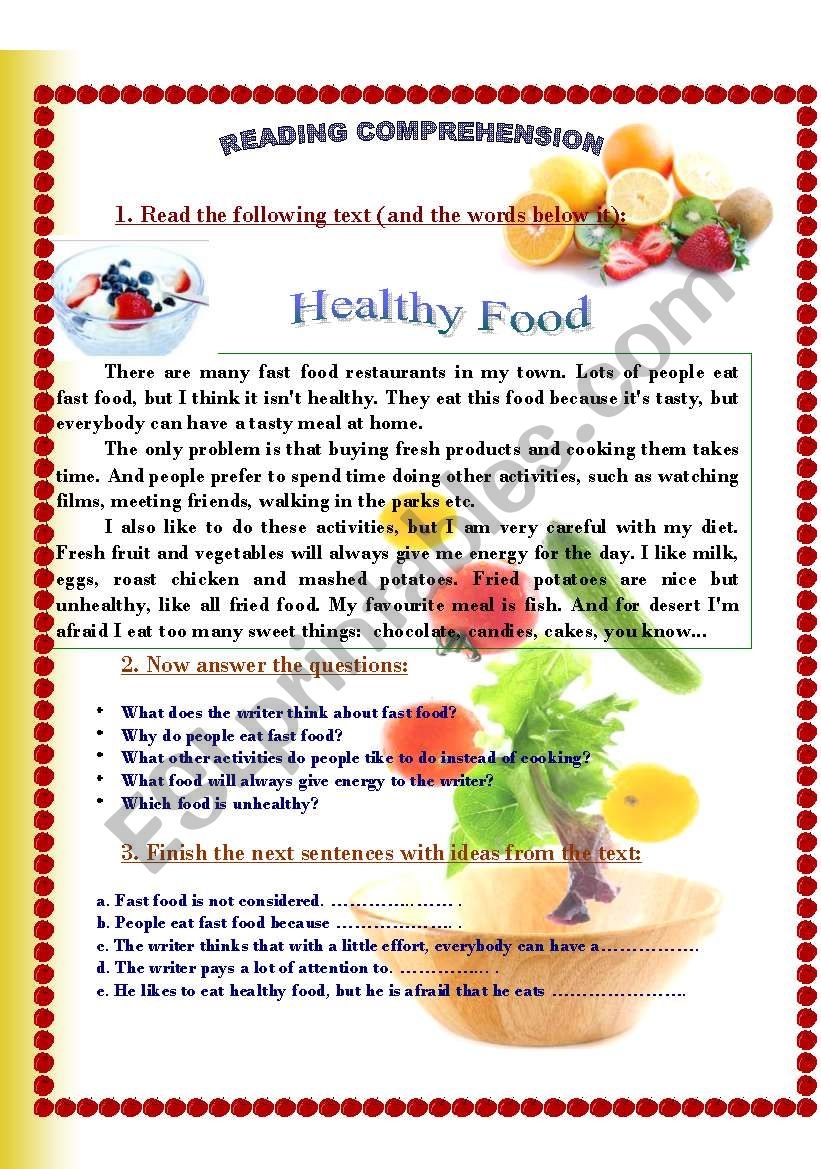 Esl Worksheets Food Reading Comprehension