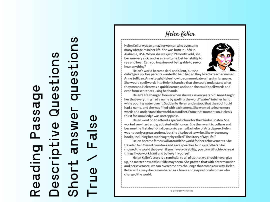 Helen Keller Biography Reading Comprehension Passage Printable 