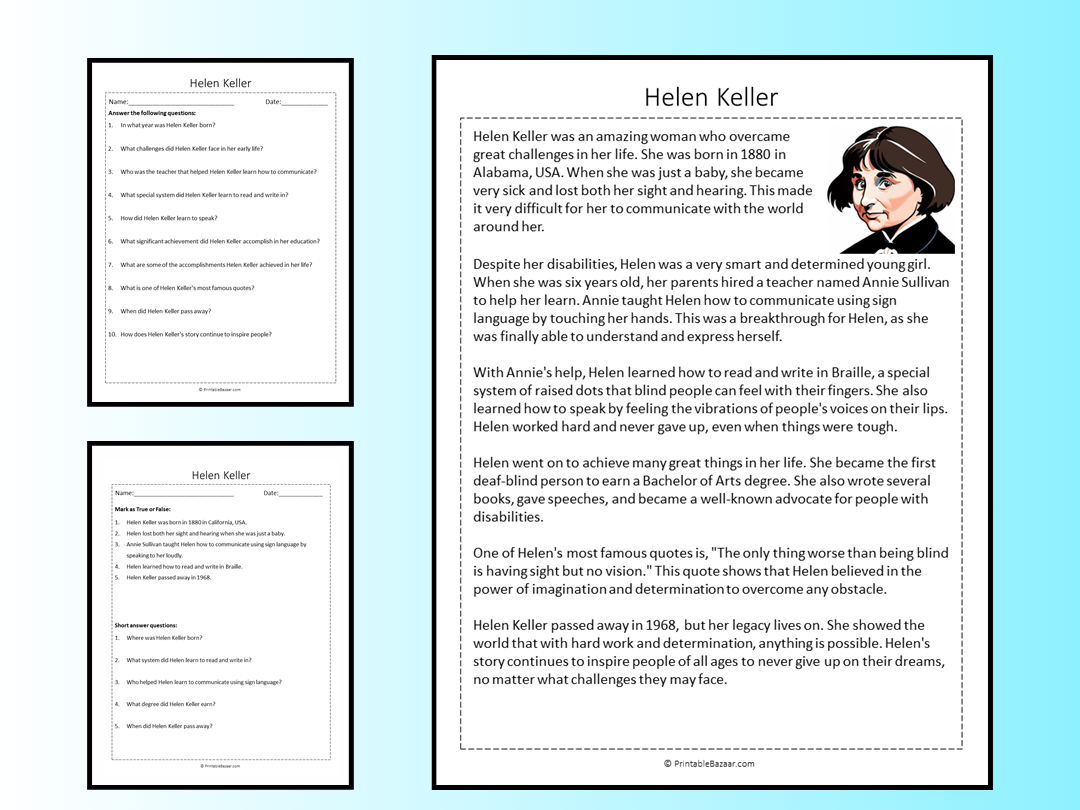 Helen Keller Reading Comprehension Passage Printable Worksheet 