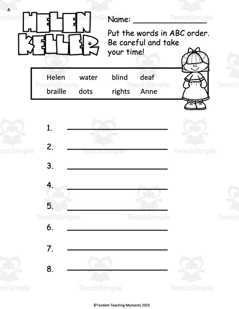 Helen Keller Reading Comprehension Worksheet