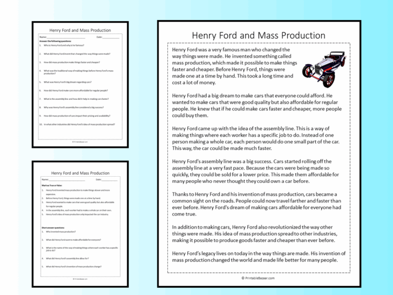 Henry Ford And Mass Production Reading Comprehension Passage Printable Worksheet Teaching Resources