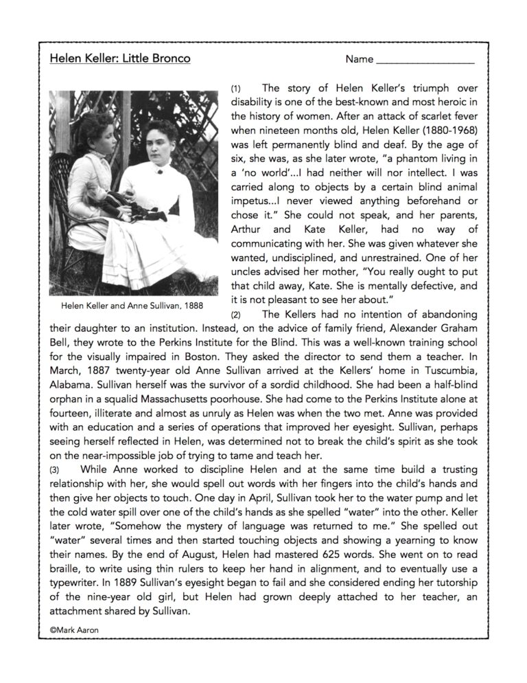 Heroic Women Helen Keller Reading Comprehension Passage And 