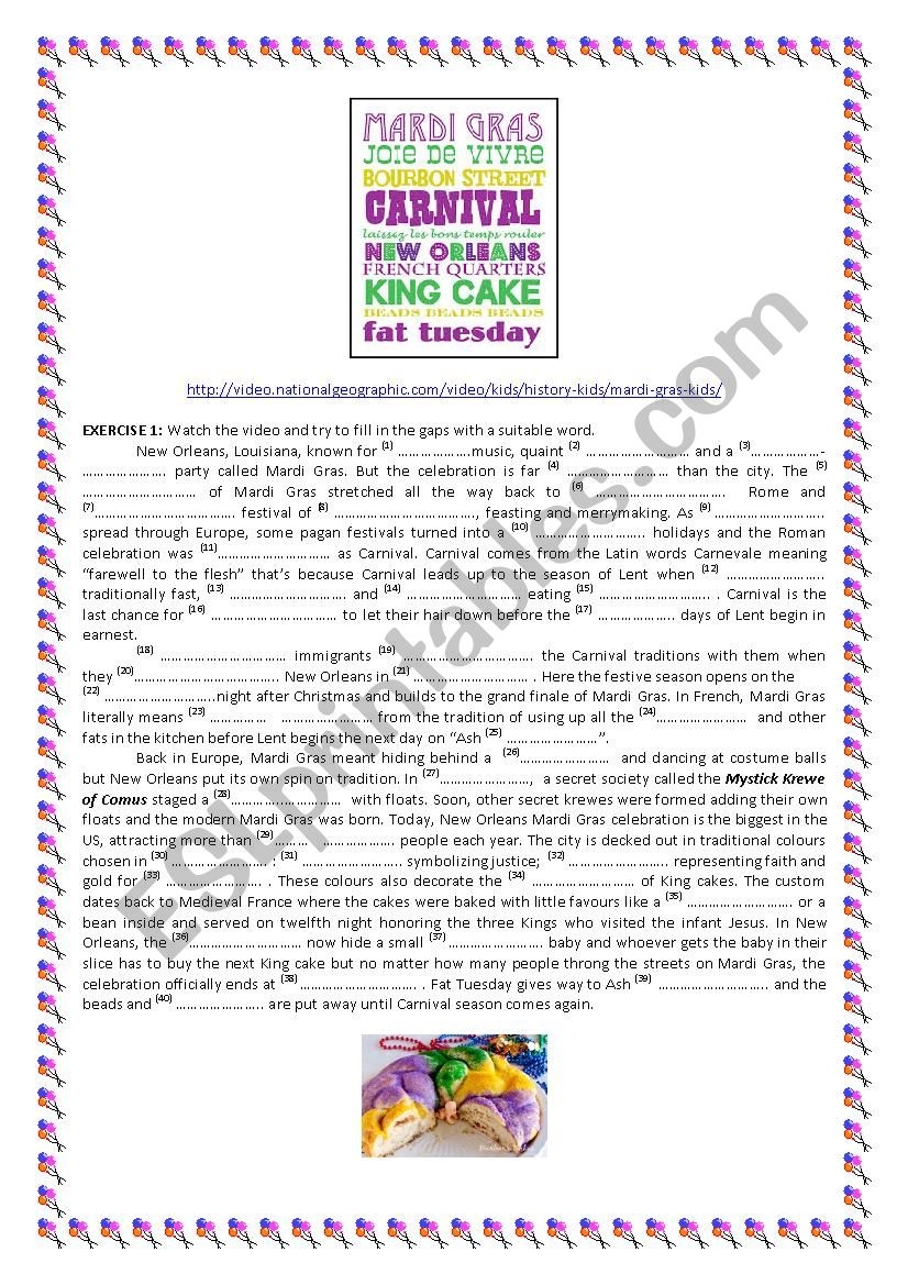 HISTORY OF MARDI GRAS ESL Worksheet By Picheleira