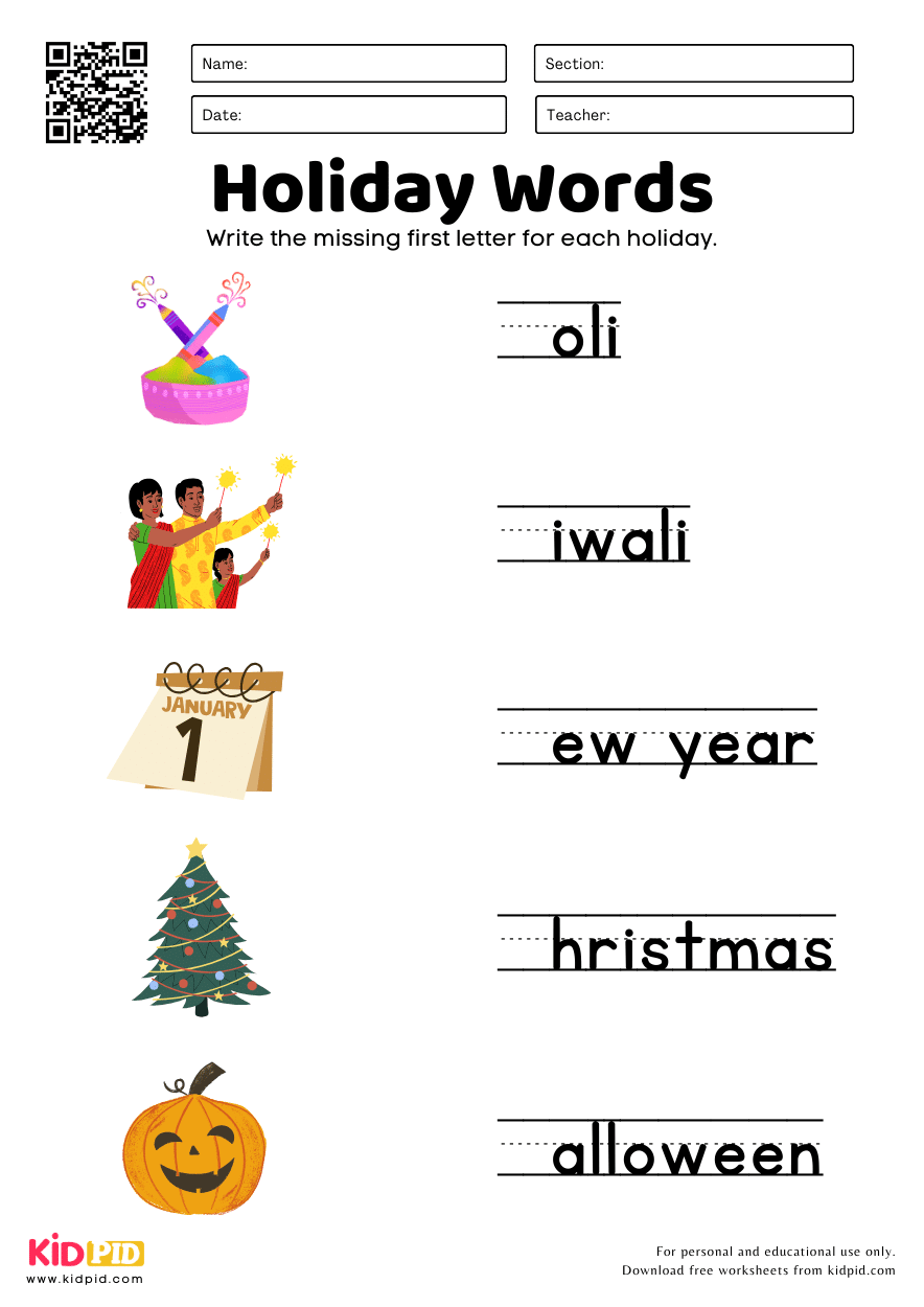 Holidays Vocabulary Worksheet For Kindergarten Kidpid