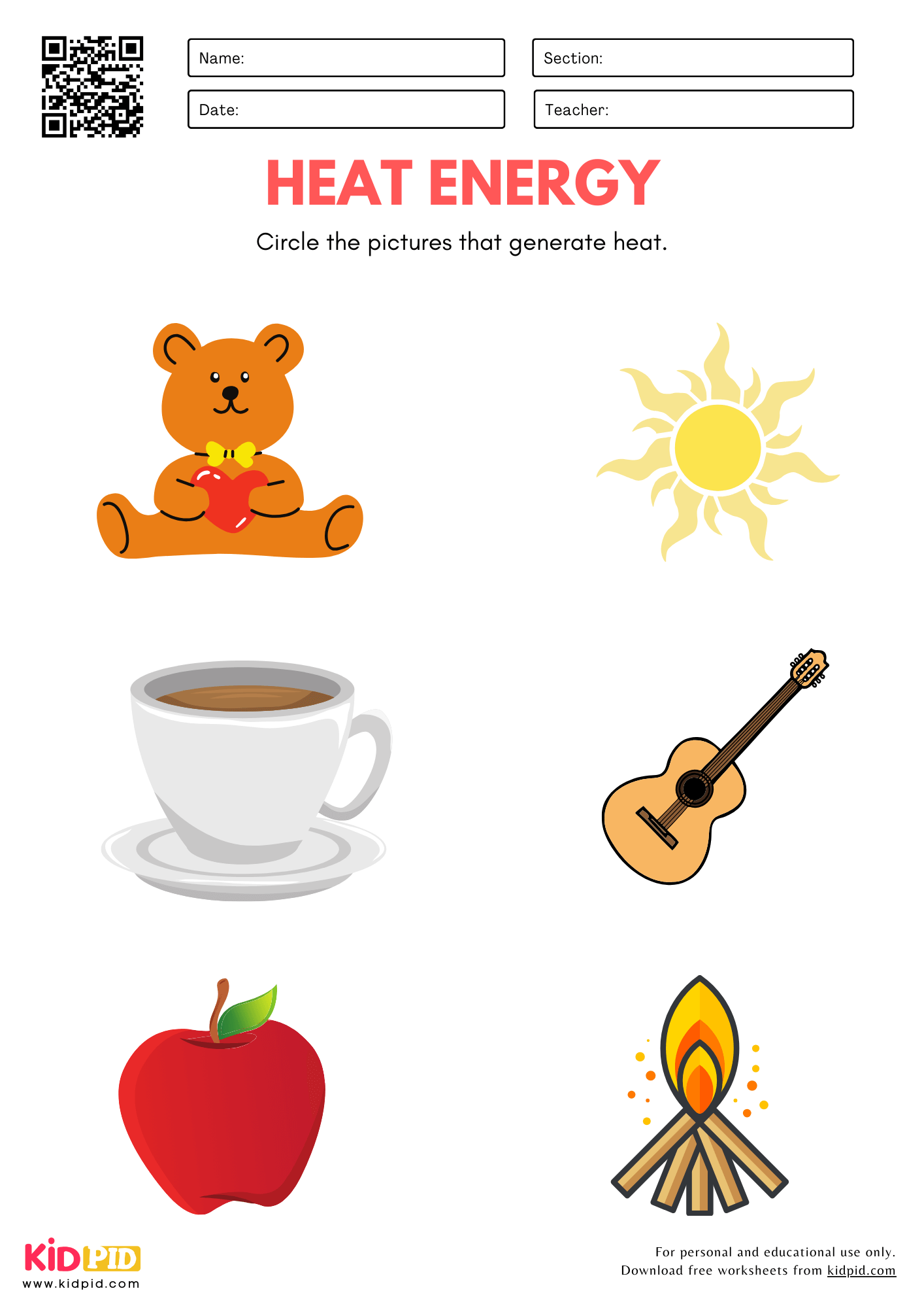 Hot Light U0026 Sound Energy Sources Worksheet For Kindergarten Kidpid