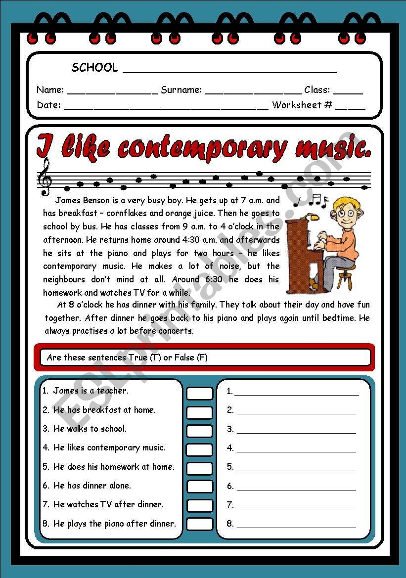 I LIKE CONTEMPORARY MUSIC READING U0026 COMPREHENSION 2 PAGES 