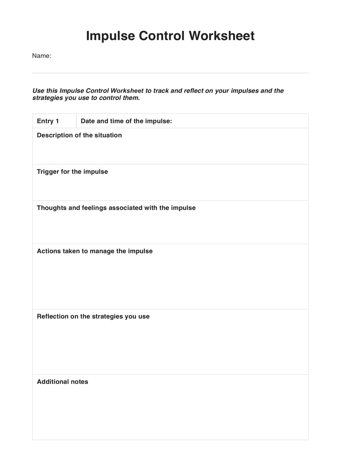 Impulse Control Worksheet U0026 Example Free PDF Download