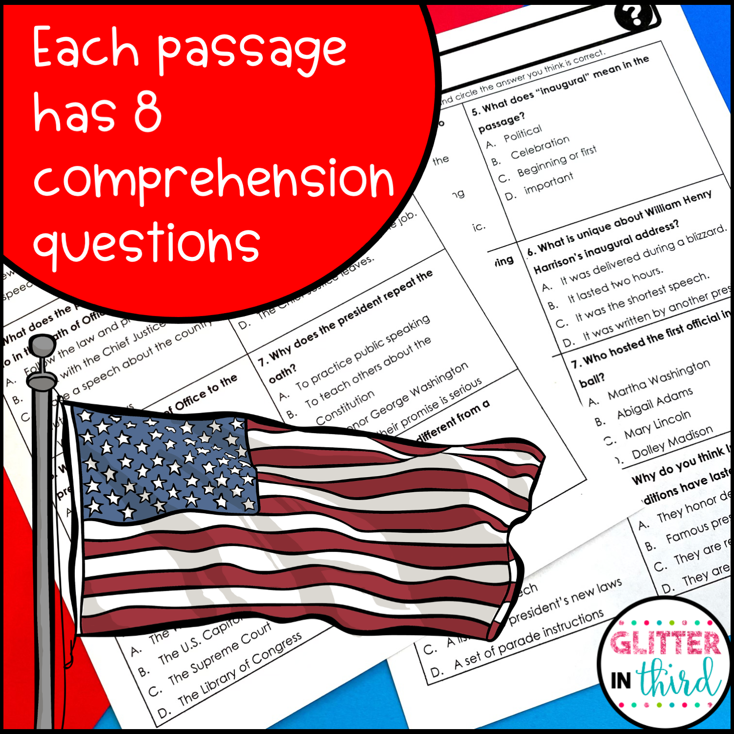 Inauguration Day Reading Comprehension Activities Passages Worksheets Glitter In Third