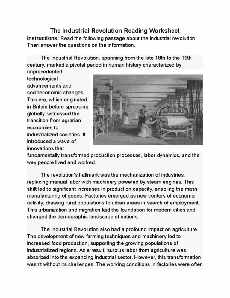 Industrial Revolution Reading Worksheet Freeeditable 1 The 