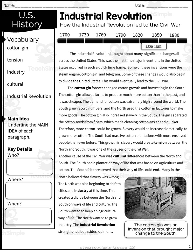 Industrial Revolution The Civil War Reading Packet By Teach Simple