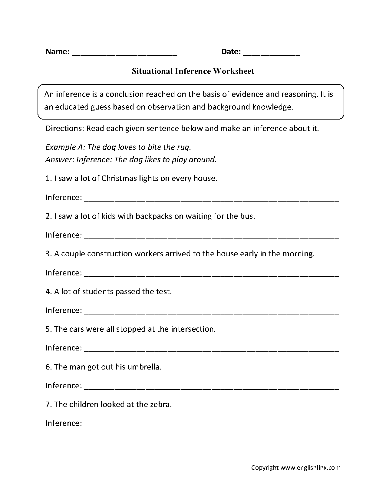 Inference Worksheets Situational Inference Worksheets