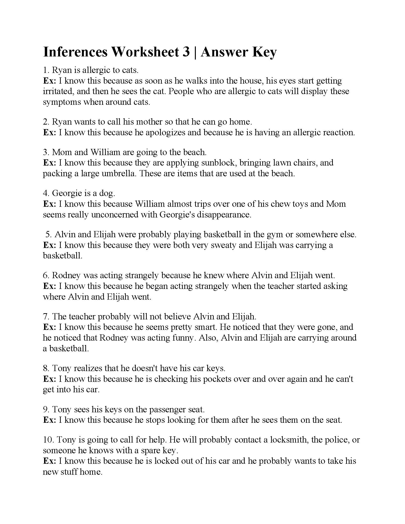 Inferences Worksheet 3 Reading Activity