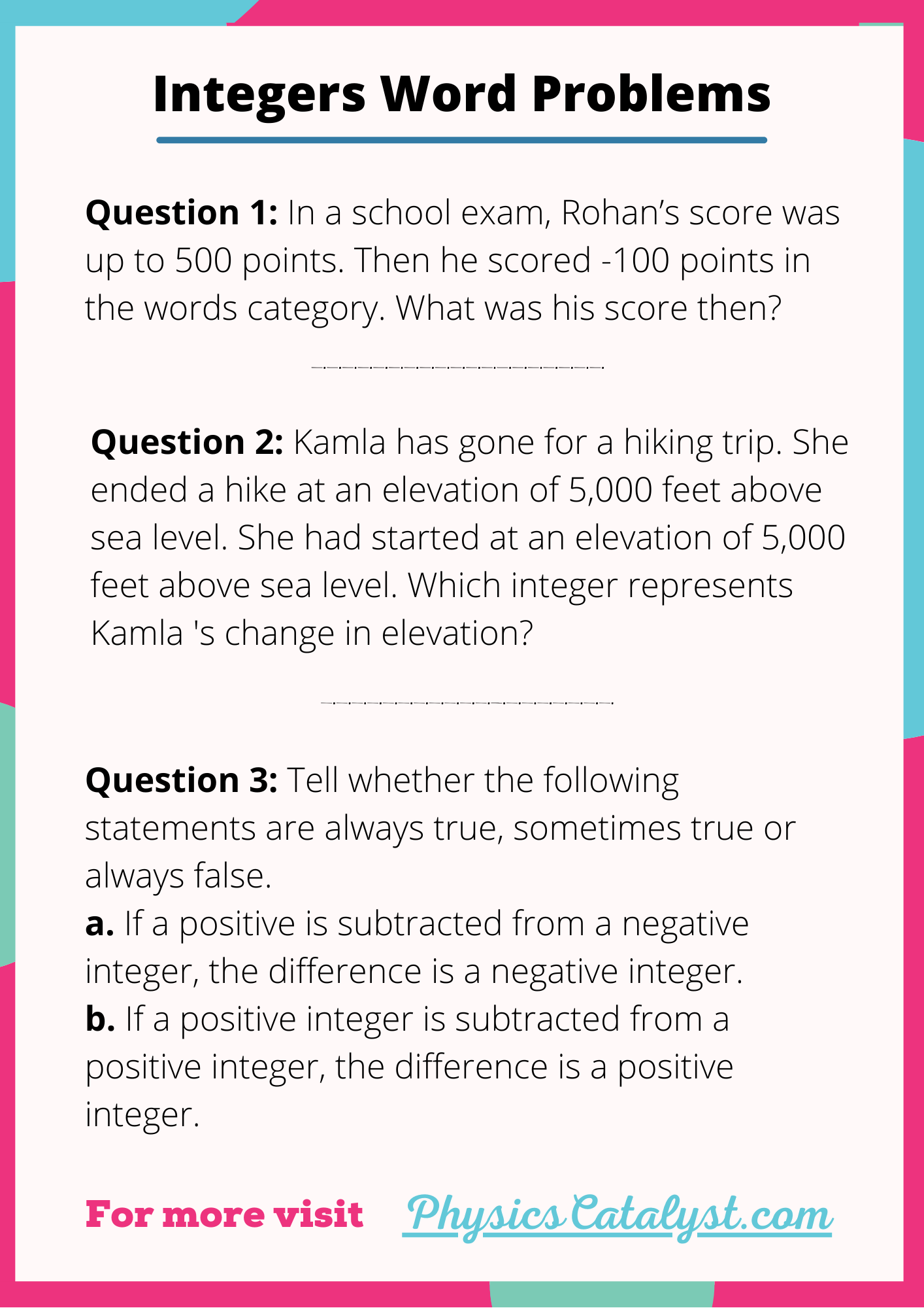 Integer Word Problems 7th Grade Integers Word Problems Math Worksheets Library