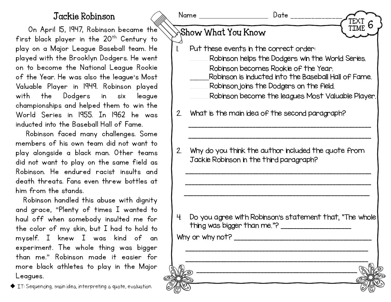 Free Jackie Robinson Reading Comprehension Worksheets