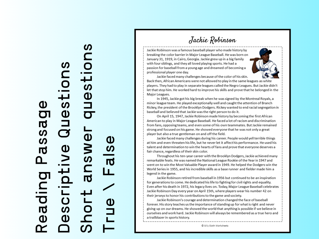 Jackie Robinson Biography Reading Comprehension Passage Printable Worksheet PDF Teaching Resources