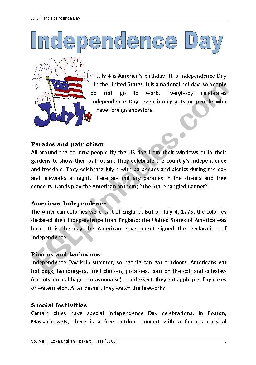 4th Of July Reading Comprehension Worksheet