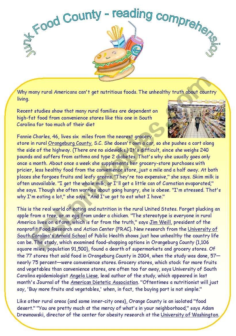 Fast Food Reading Comprehension Worksheets