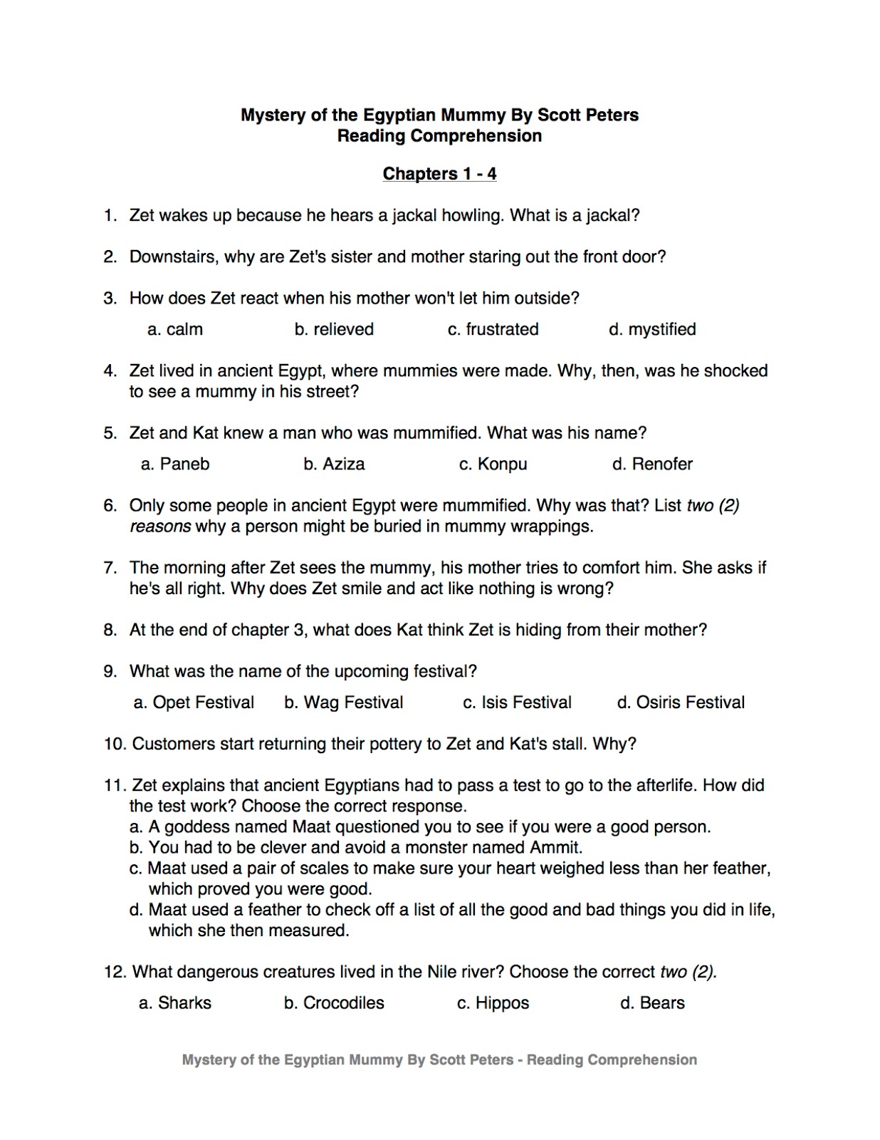 Egypt Reading Comprehension Worksheets