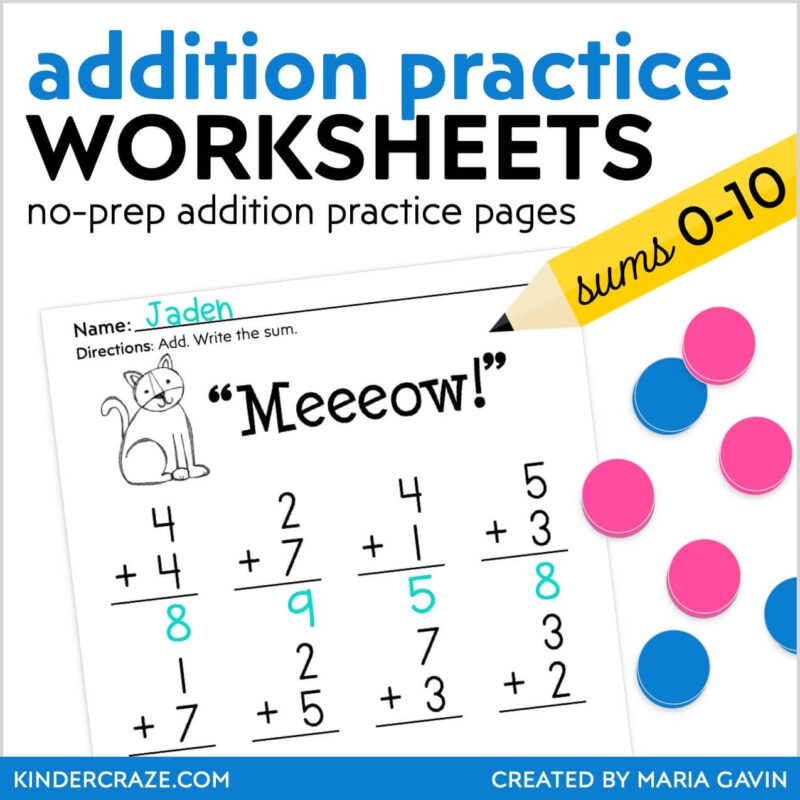 Kindergarten Addition Worksheets Addition Practice For Sums 0 10 Kinder Craze