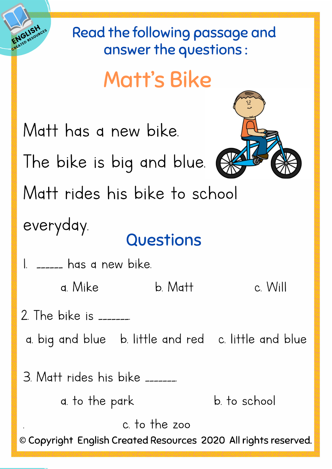 English Reading Comprehension Worksheets For Kindergarten