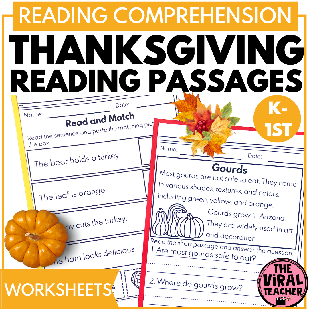 Kindergarten Thanksgiving Reading Passages Comprehension 