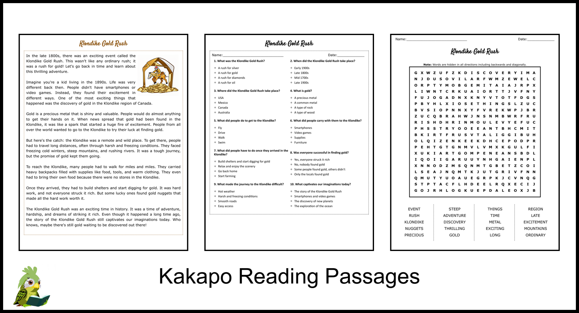 Klondike Gold Rush Reading Comprehension And Word Search Teaching Resources