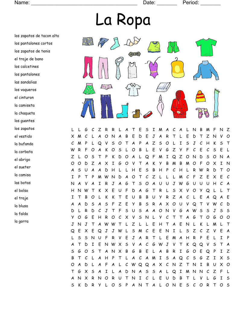 La Ropa Word Search WordMint Worksheets Library
