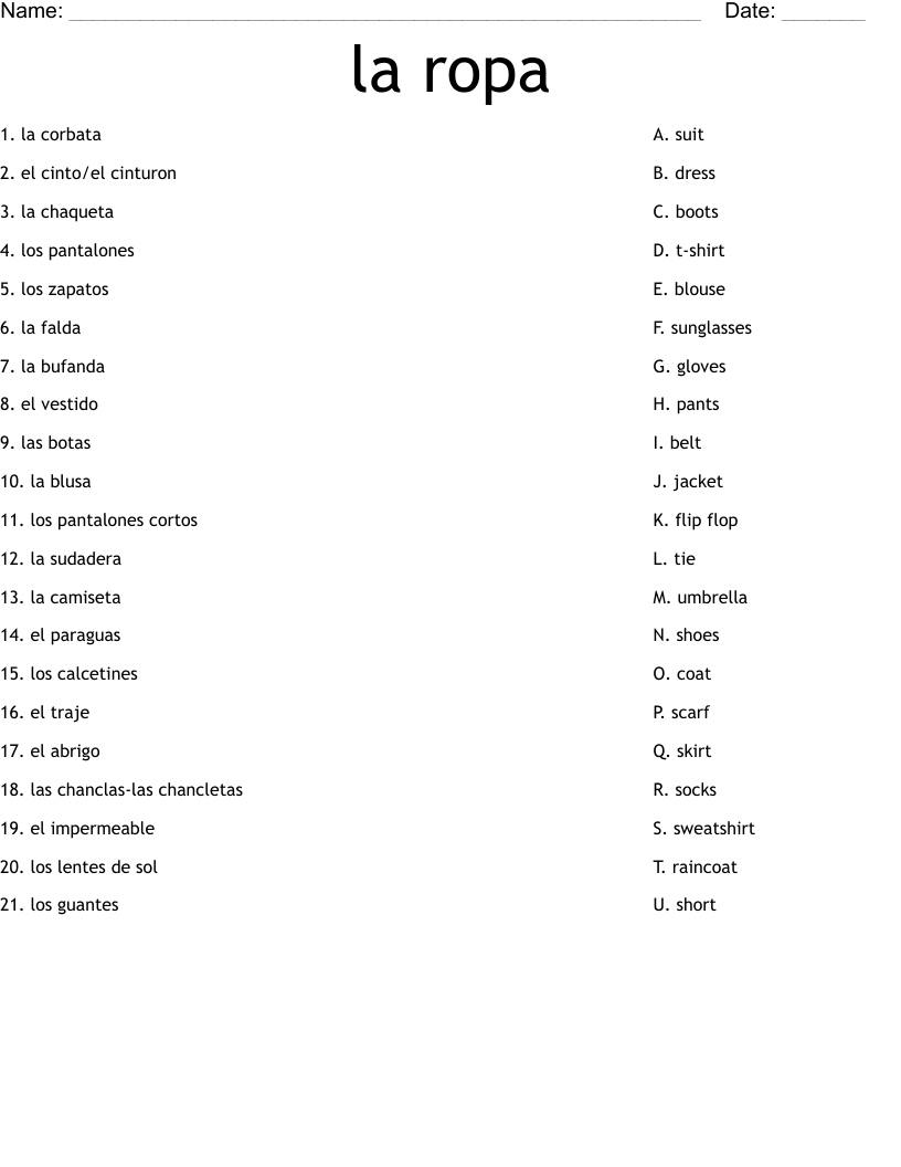 La Ropa Worksheet WordMint