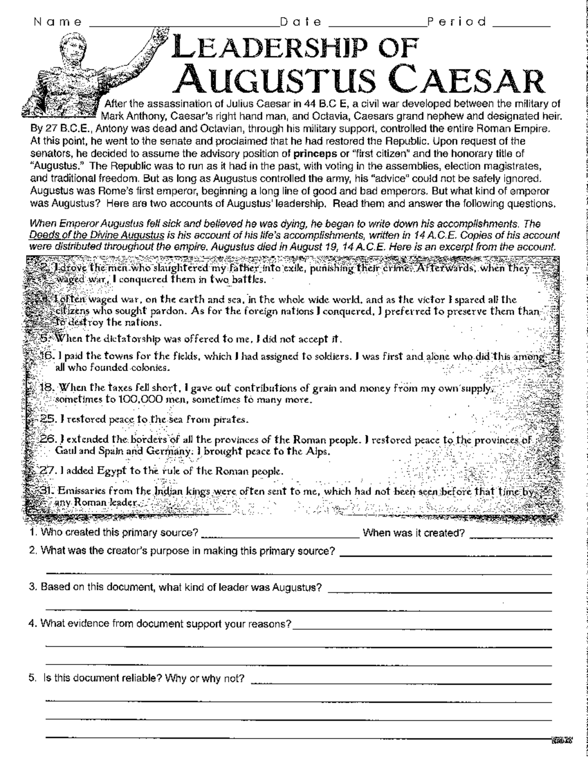 Leadership Of Augustus Caesar Name Date Period LEADERSHIP OF Augustus CAESAR After The Studocu