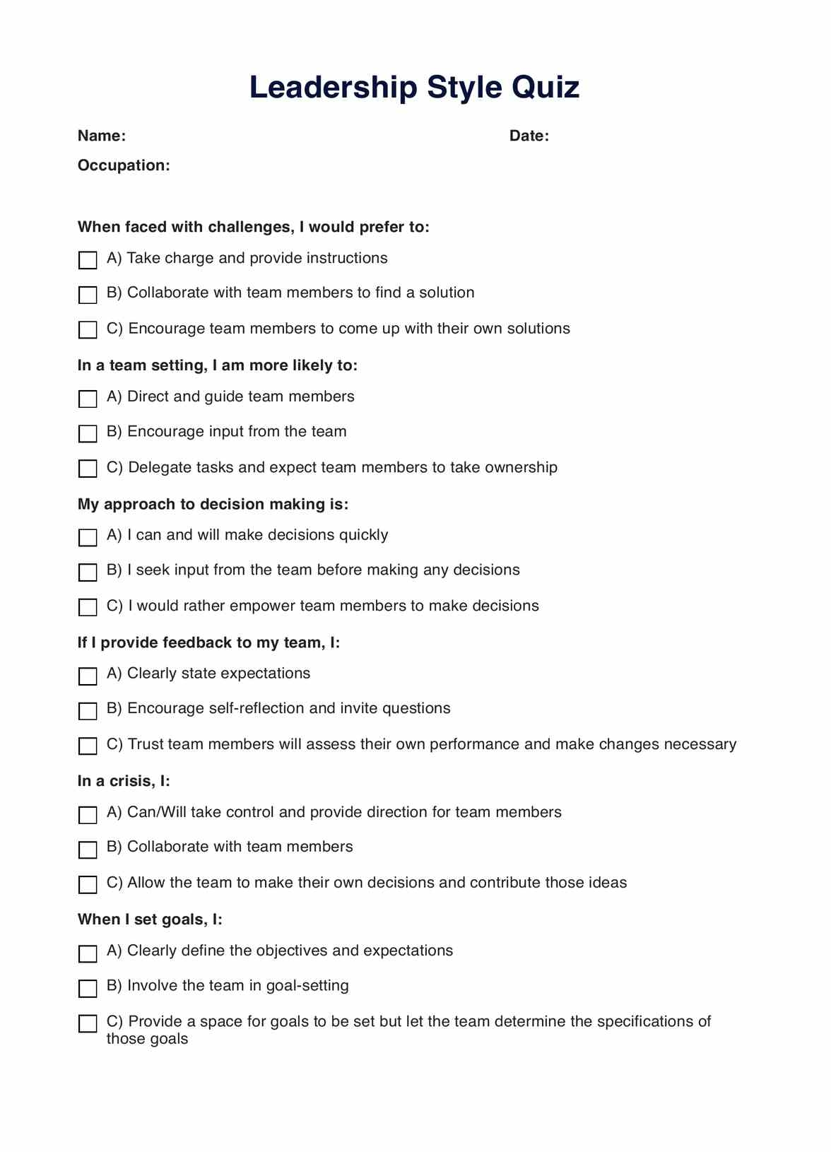 Leadership Styles Quiz U0026 Example Free PDF Download