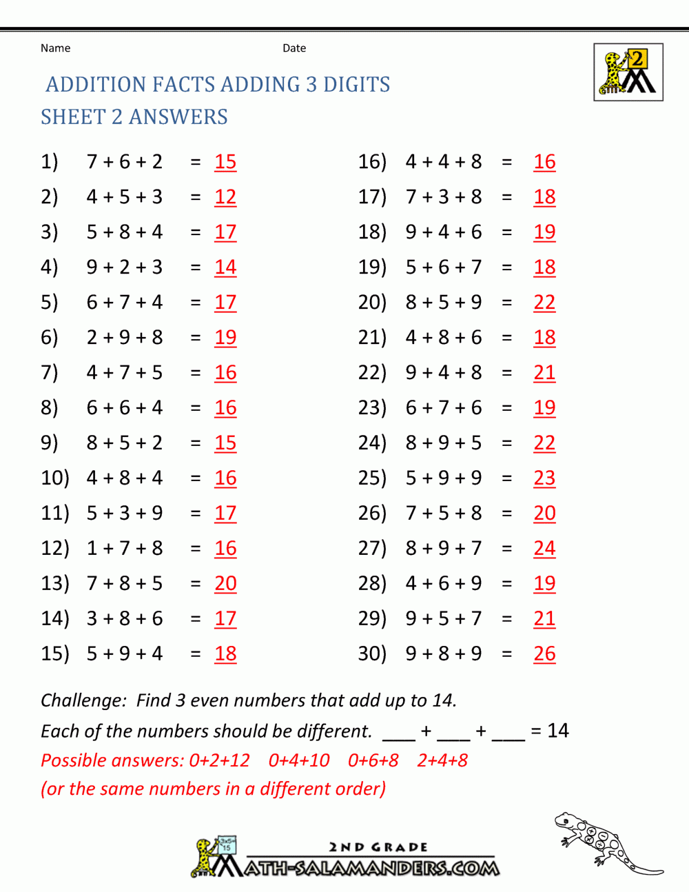 Free Printable Addition Fact Worksheets