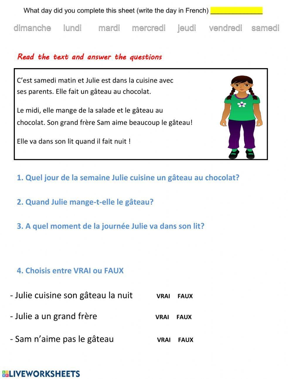 Lecture Comprehension reading C French Exercise Live Worksheets Worksheets Library