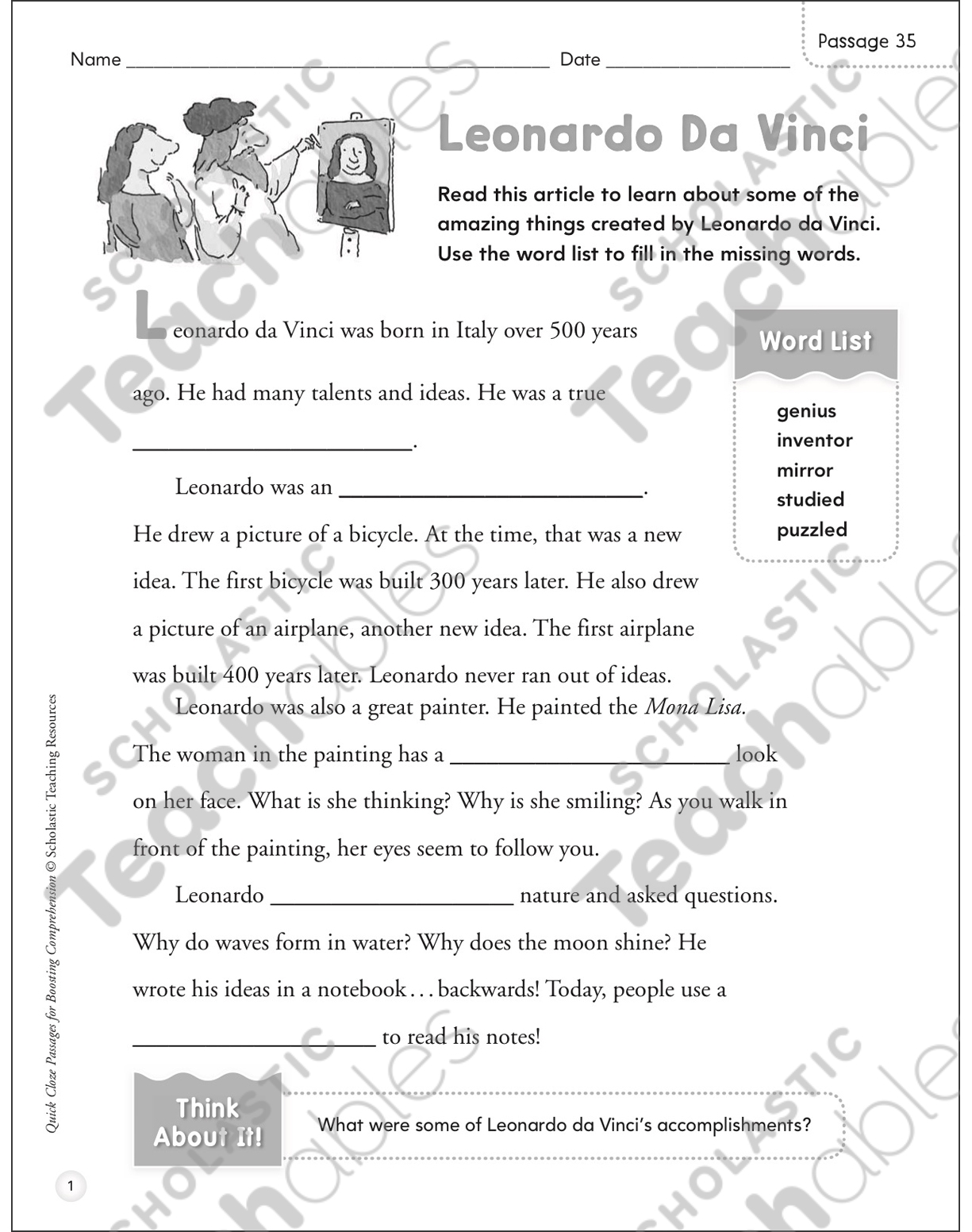 Leonardo Da Vinci Quick Cloze Passage Printable Skills Sheets Lesson Plans And Ideas