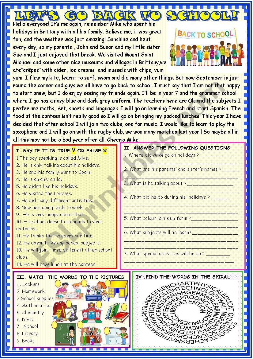 Let s Go Back To School Reading Comprehension ESL Worksheet By 