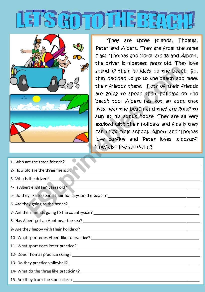 LET S GO TO THE BEACH READING AND COMPREHENSION ESL Worksheet 