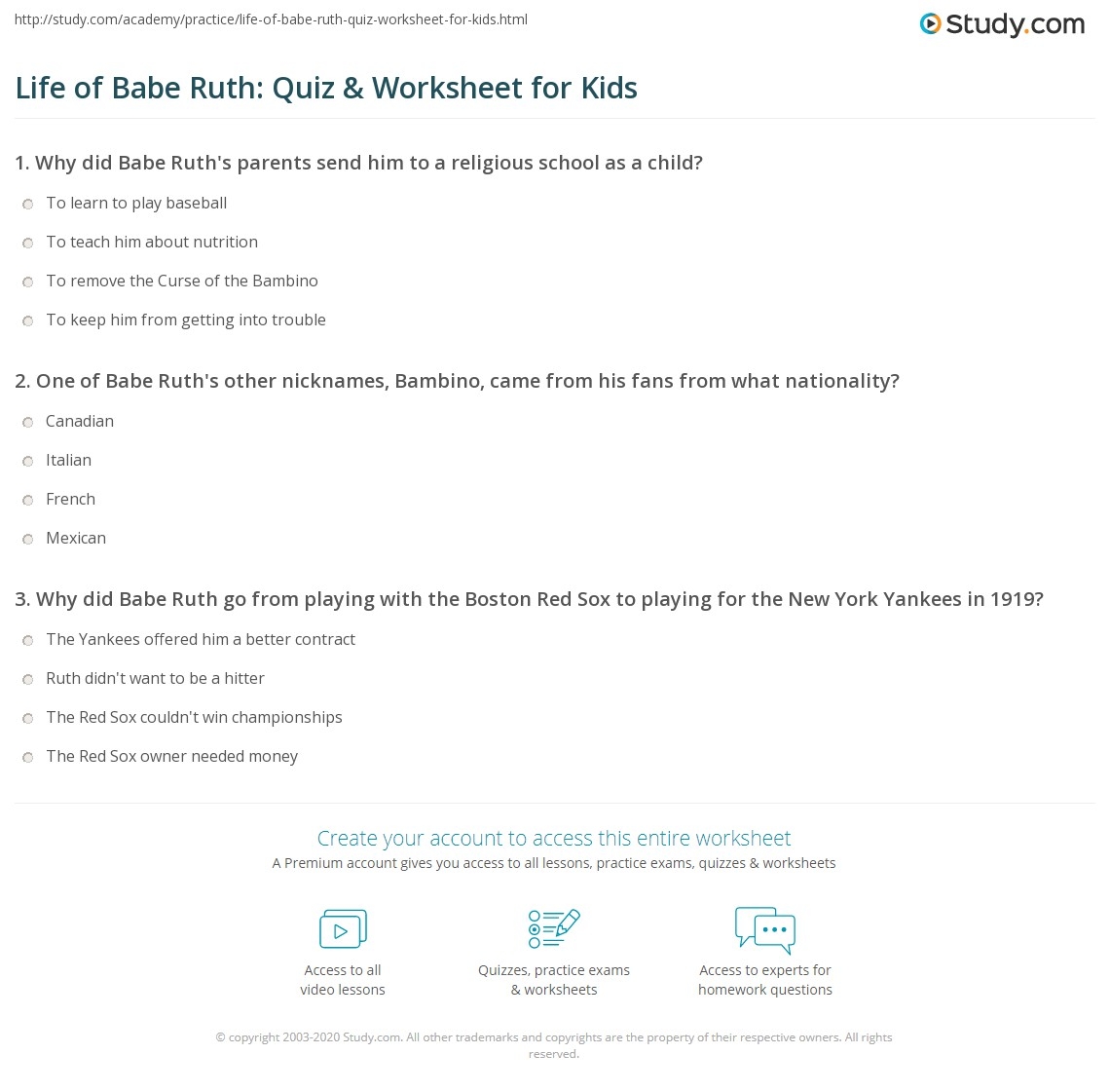 Babe Ruth Reading Comprehension Worksheet