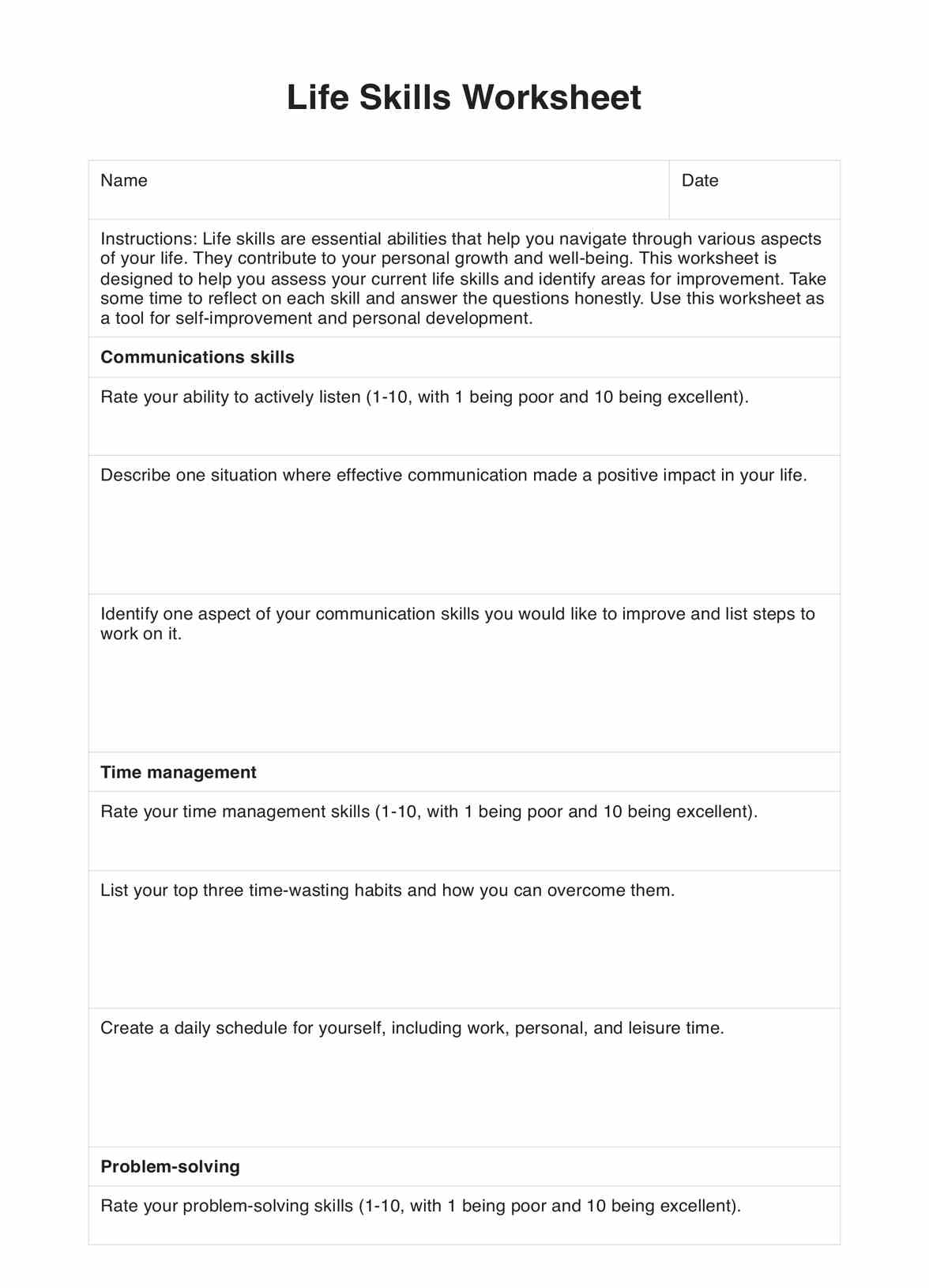 Life Skills Worksheets U0026 Example Free PDF Download