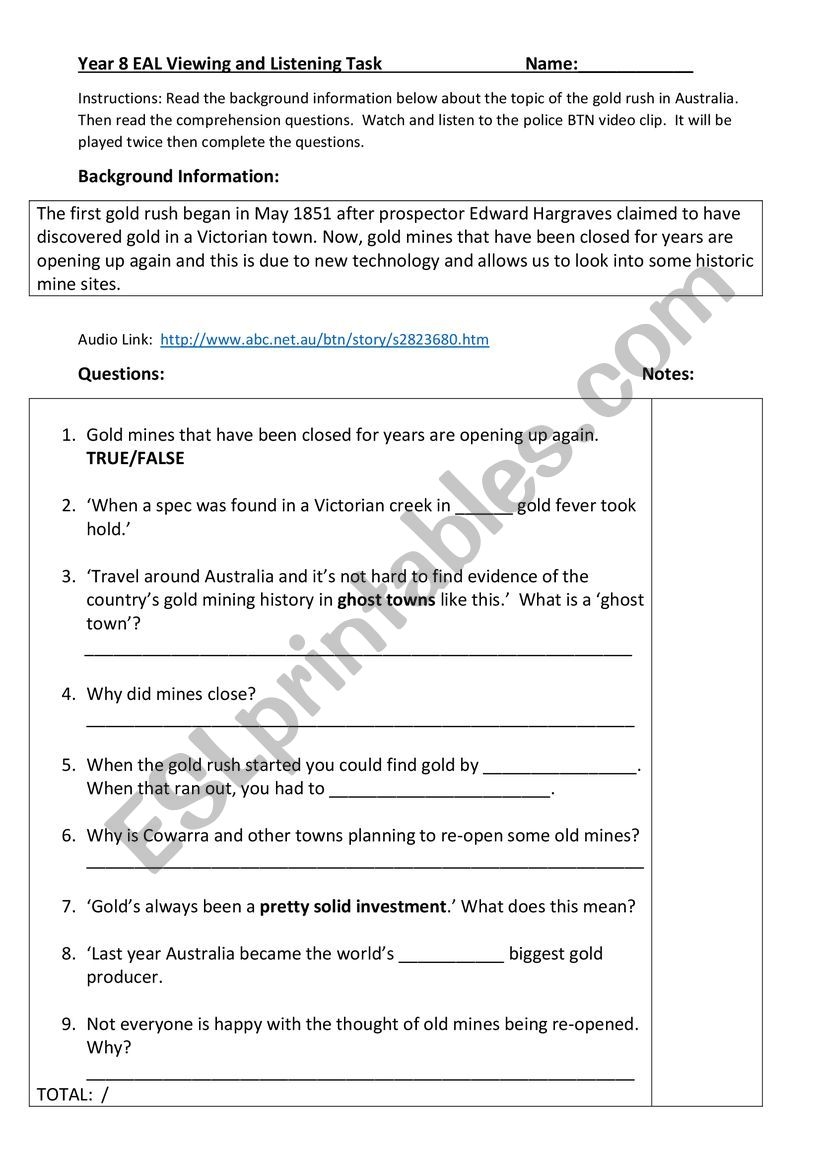 Listening Task Australian Gold Rush ESL Worksheet By Mishwieland