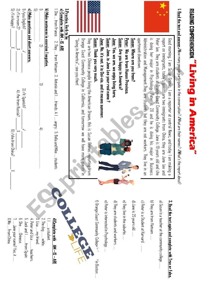 Living In America Reading Comprehension Exercises Verb To Be ESL Worksheet By Ml 22