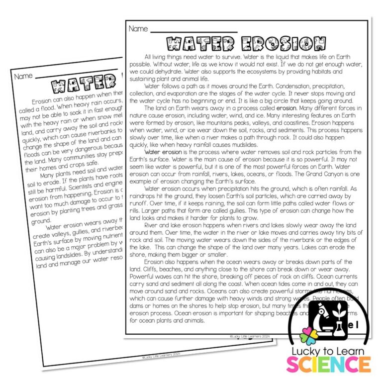 Lucky To Learn Science Water Erosion Reading Passage Article 