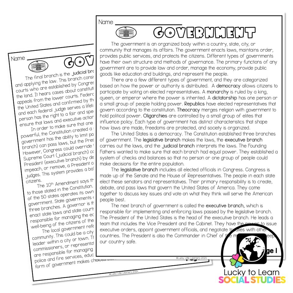 Lucky To Learn Social Studies Government Reading Passage Article Lucky Little Learners