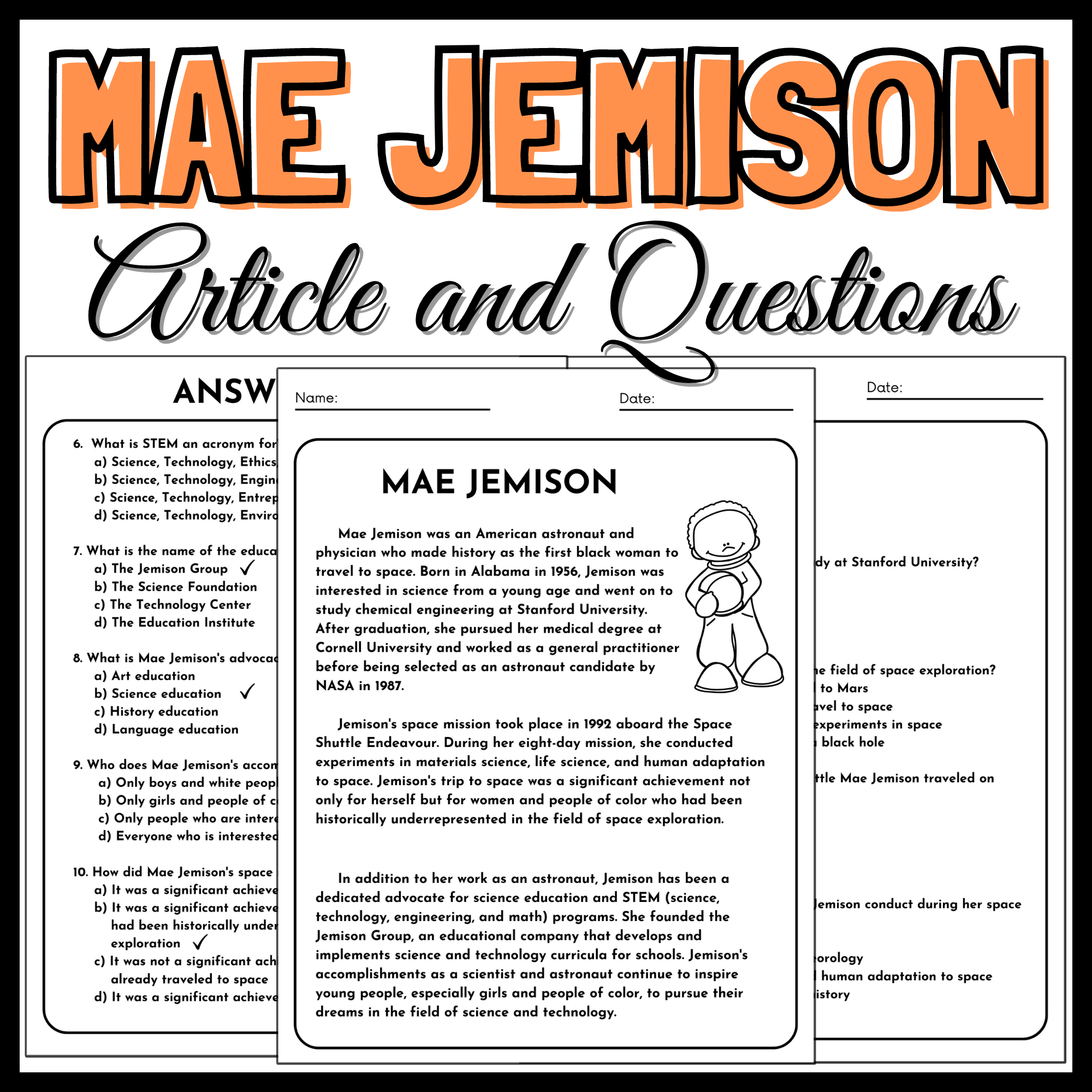 Mae Jemison Reading Comprehension Article And Questions Passages Made By Teachers