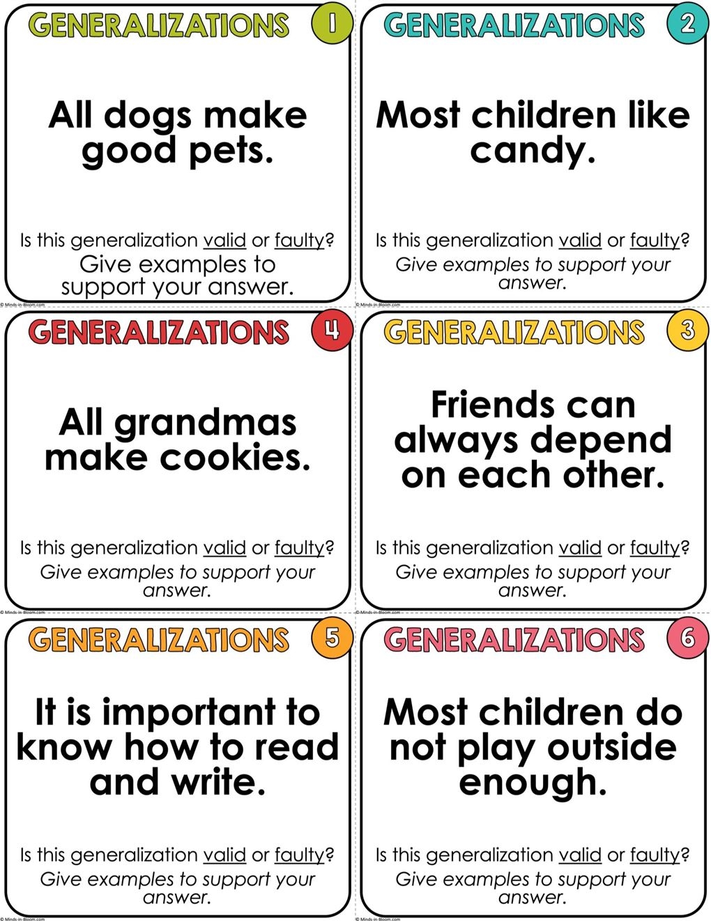 Making Generalizations Task Cards Valid Or Faulty COLOR Minds In Bloom Unlimited