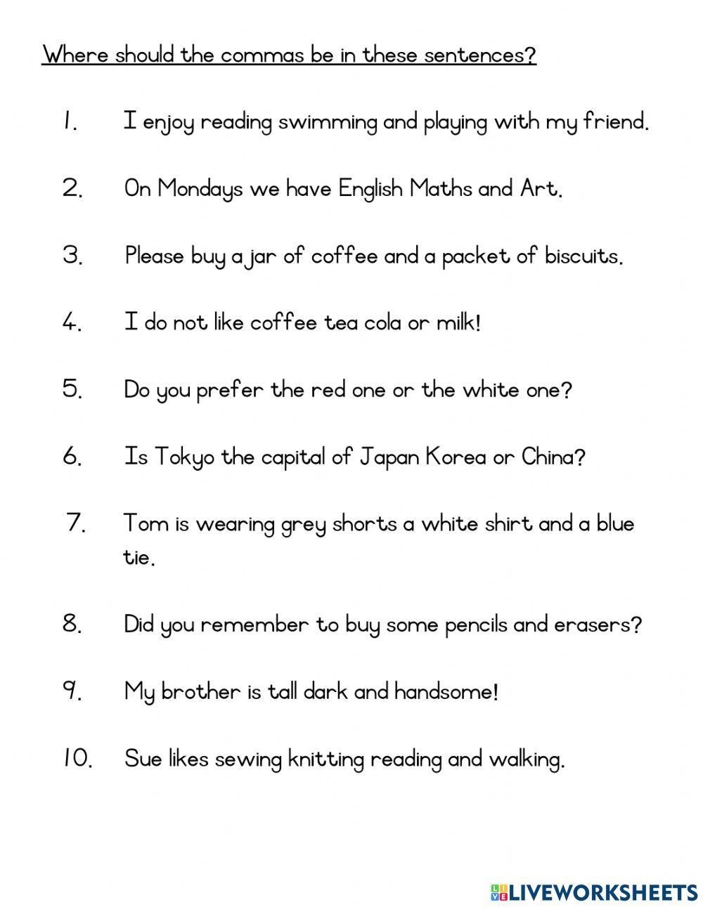 Free Printable Comma Worksheets 5th Grade