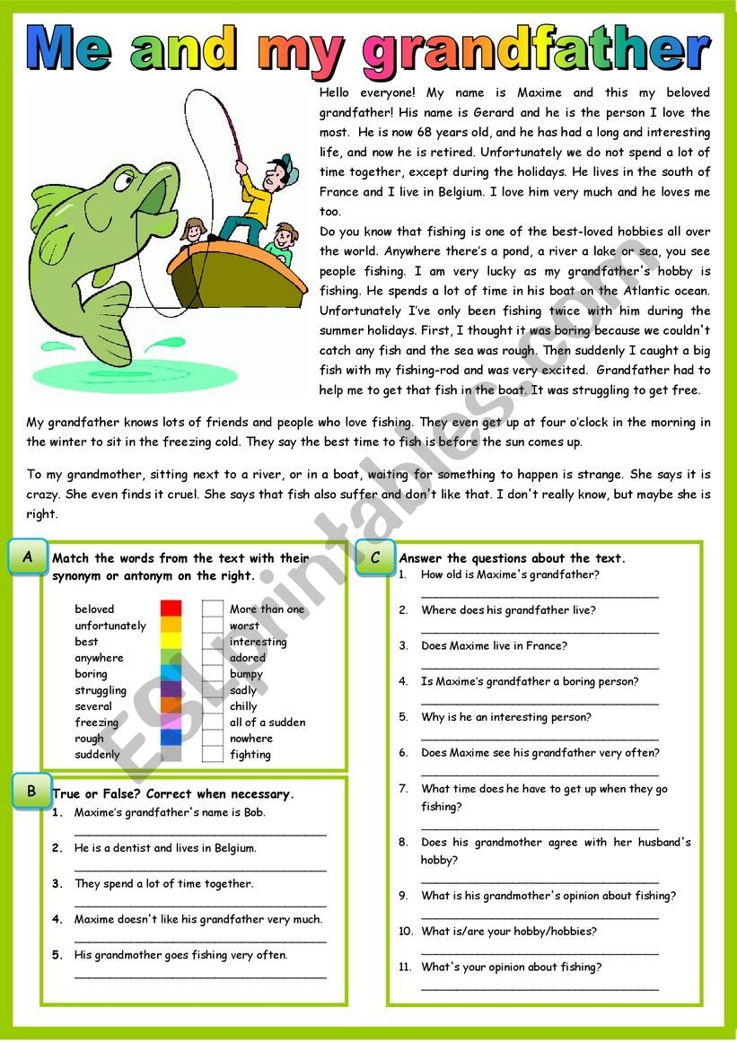 Me And My Grandfather Reading Comprehension Questions KEY ESL Worksheet By Karagozian