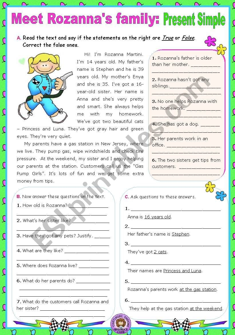 Meet Rozanna s Family Simple Present Reading Comprehension 